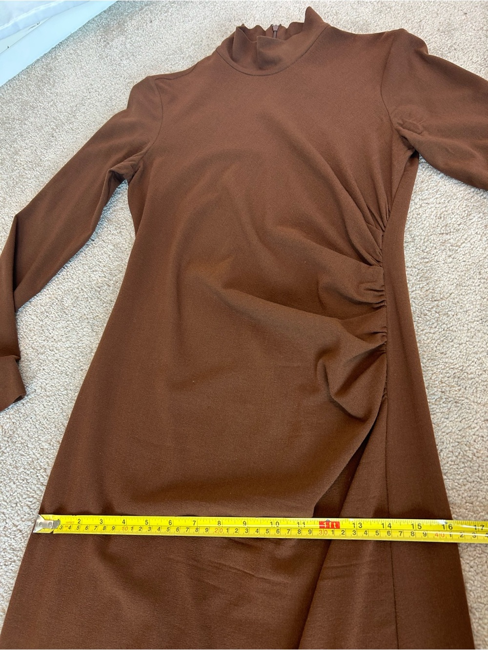 Zara Brown Long Sleeve Mock Neck Twist Detail Midi Dress Sz L stretchy classy - Picture 9 of 11